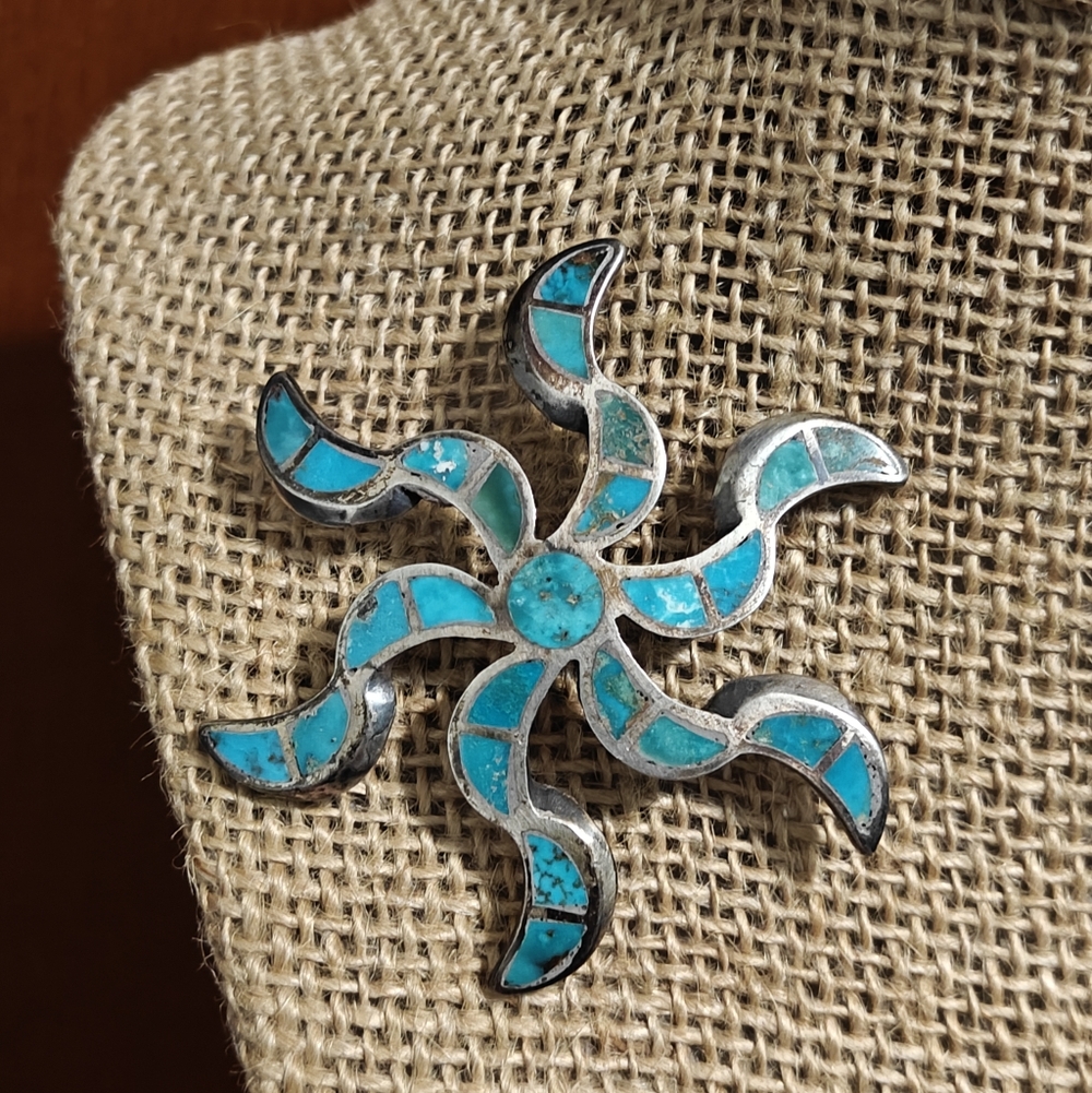 Native American Zuni Genuine Turquoise and Silver Spiritual Sunburst Brooch